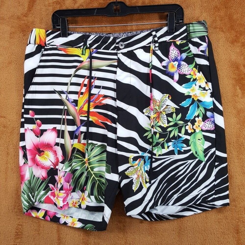 ROBERT GRAHAM Hybrid Shorts Mens Size 38 Black Zebra Floral ACE Beach Bar Swim
